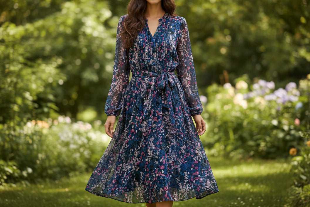 PREOWNED! MSK Long Sleeve Floral Fit + Flare Dresses 16 Blk Blue Lavender