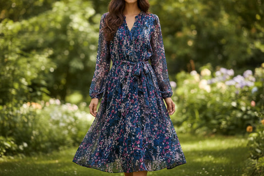 PREOWNED! MSK Long Sleeve Floral Fit + Flare Dresses 16 Blk Blue Lavender