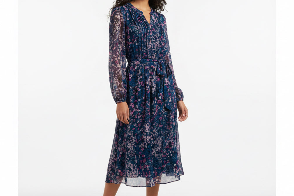 PREOWNED! MSK Long Sleeve Floral Fit + Flare Dresses 16 Blk Blue Lavender