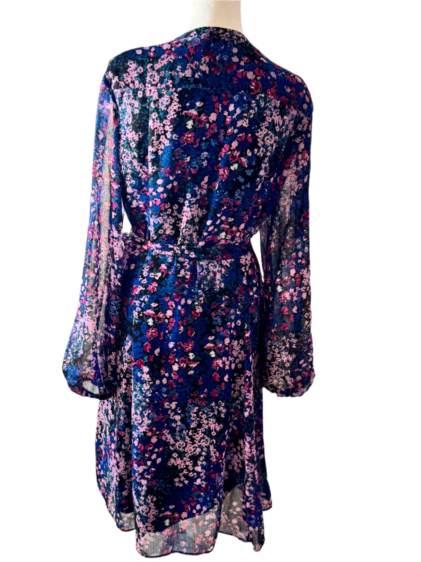 PREOWNED! MSK Long Sleeve Floral Fit + Flare Dresses 16 Blk Blue Lavender